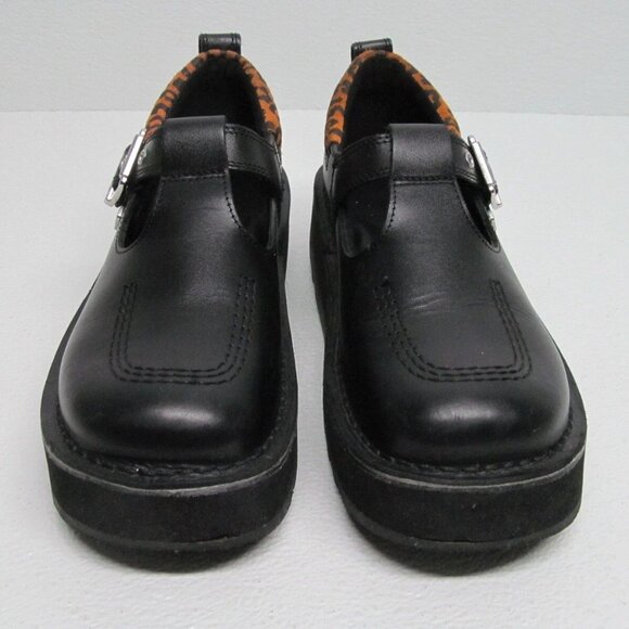 Kickers Kick Stack Shoes Black Leather Leopard Trim Size 7 - Picture 1 of 10